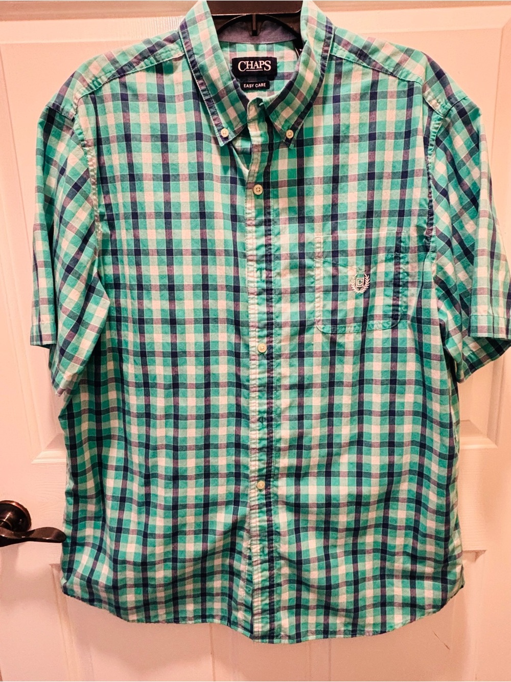 Chaps Men’s Short-Sleeve Teal and White Plaid Button-Down Shirt